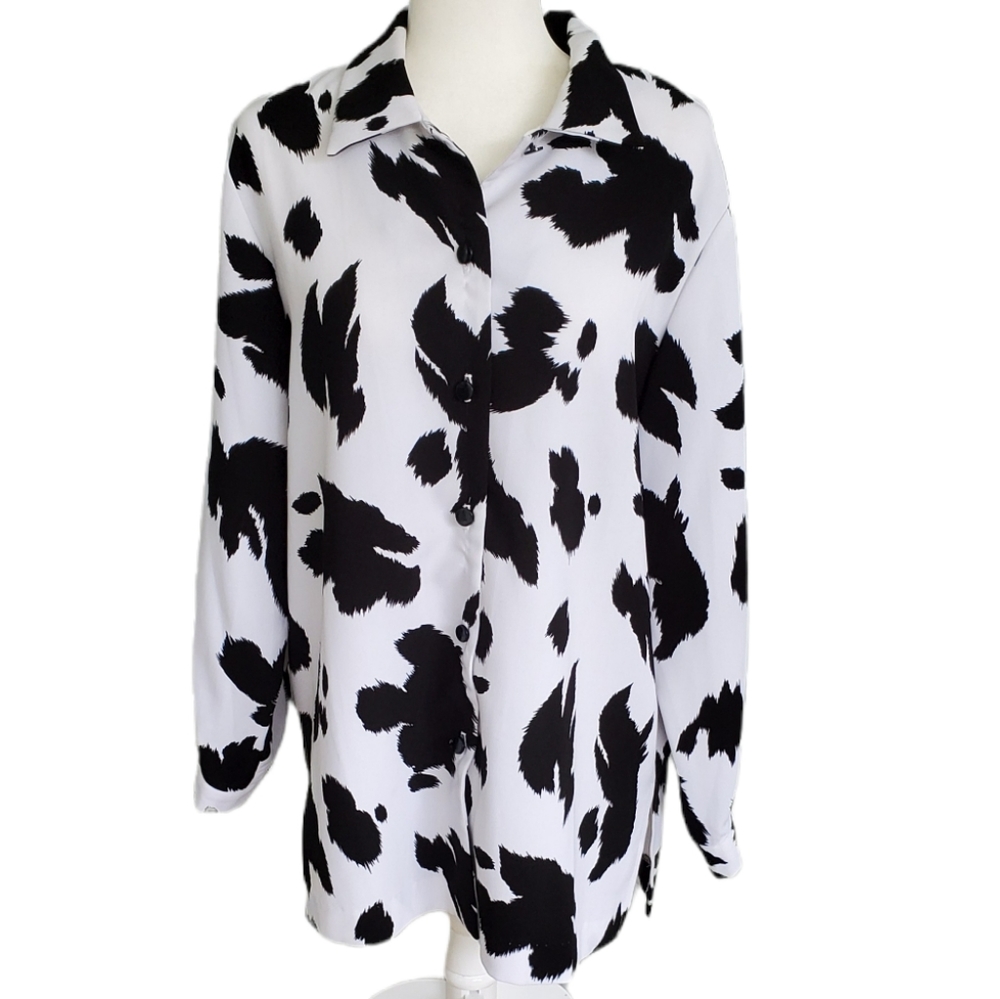 Vintage Delta Burke B&W Feather Button Down Top - large